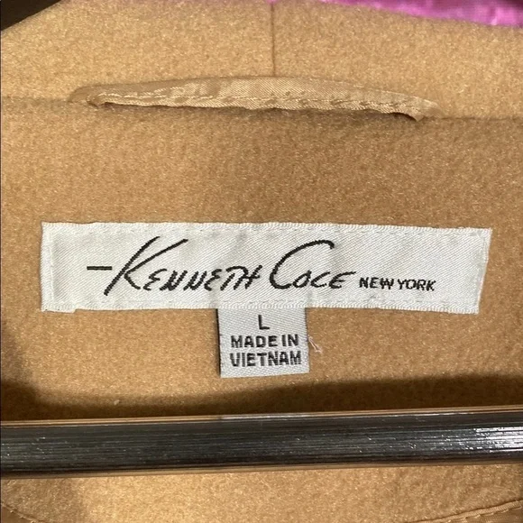 Kenneth Cole Wool Blend Coat L Camel Tan Open Front Minimalist Long Jacket - Picture 2 of 7